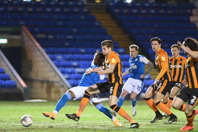Posh star Siriki Dembele couldn't quite reach this cross in the match against Hull. Photo: David Lowndes.