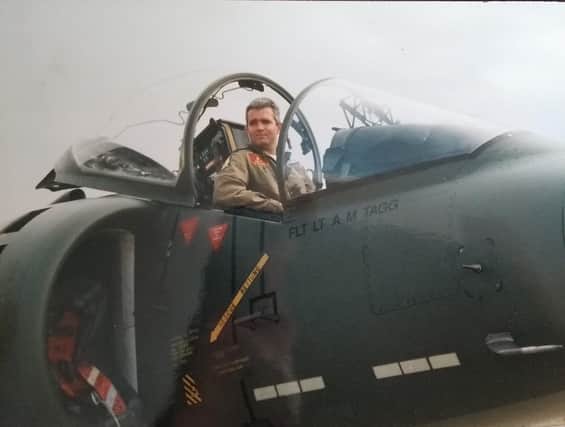 Flight Lieutenant Andy Tagg at the controls of a Harrier GR7 in 1994 (supplied image).