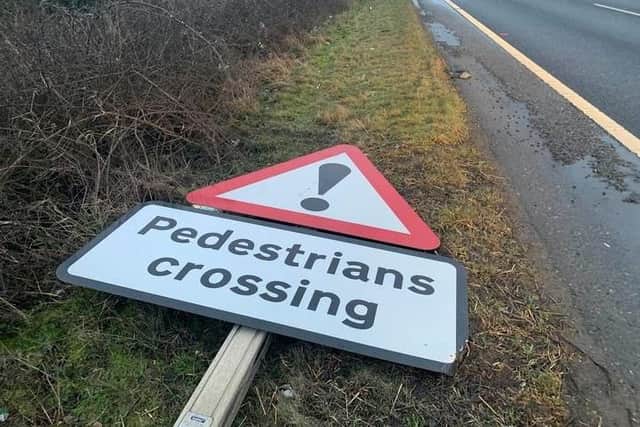 Police have warned thatsome signs have been damaged and there is debris on many roads after high winds.