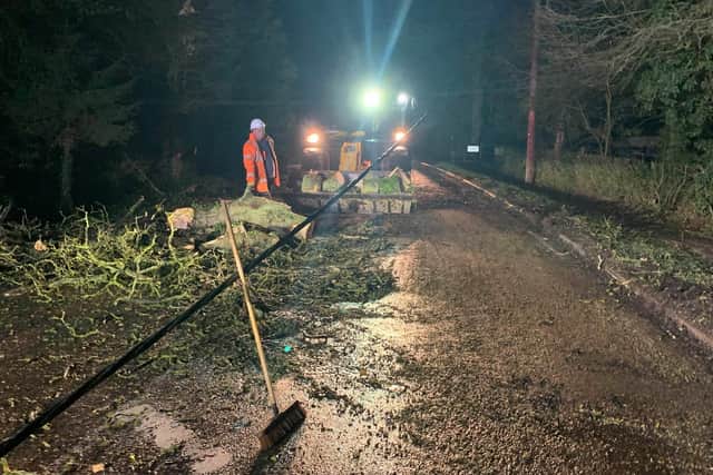 Teams worked overnight to reopen Dowgate Road near Leverington after a tree brought down power cables. Pic: Cambs Police