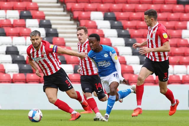 Siriki Dembele battles the Sunderland defence earlier in the season.  Joe Dent/JMP.