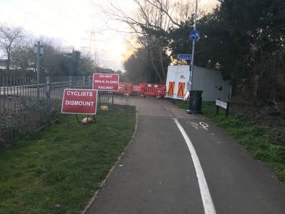 The path is closed at the Wharf Road crossing