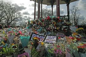 Floral tributes to Sarah Everard left at Clapham Common.