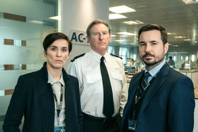 Line of Duty's three leading stars - Vicky McLure, who plays Kate Flemming, Adrian Dunbar, who plays Ted Hastings, and Martin Compston, who plays Steve Arnott.  Photographer: Aiden Monaghan PPP-190328-100027006