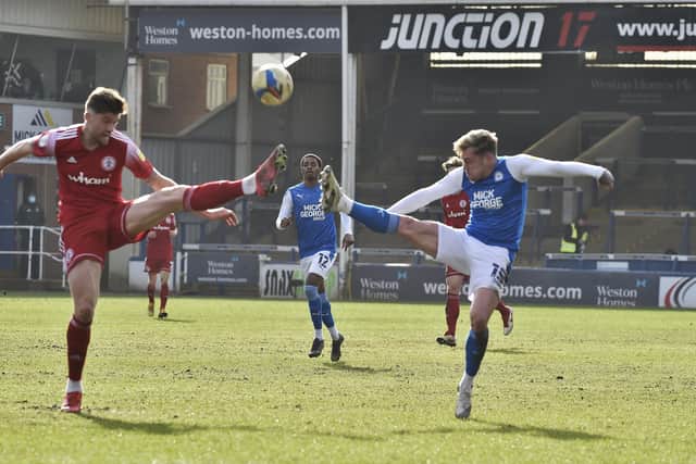 Sammie Szmodics in high-kicking action for Posh against Accrington. Photo: David Lowndes.