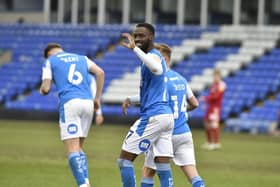 Mo Eisa is all smiles after scoring for Posh against Accrington. Photo: David Lowndes.