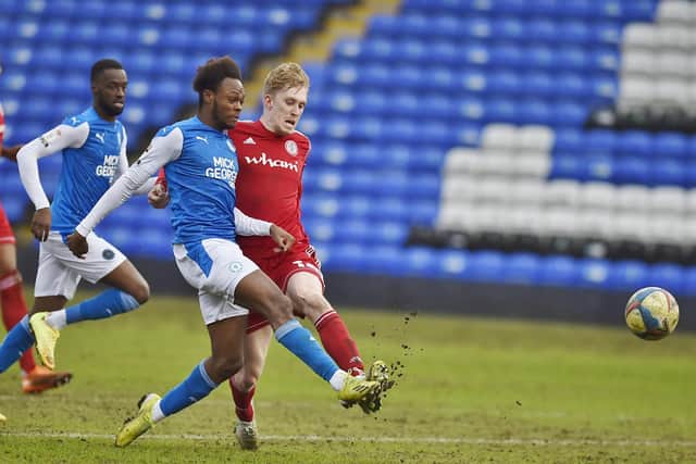 Posh substitute Ricky-Jade Jones shoots at goal in the 7-0 win over Accrington. Photo: David Lowndes.