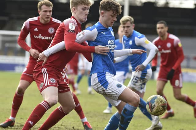Harrison Burrows in action for Posh against Accrington. Photo: David Lowndes.