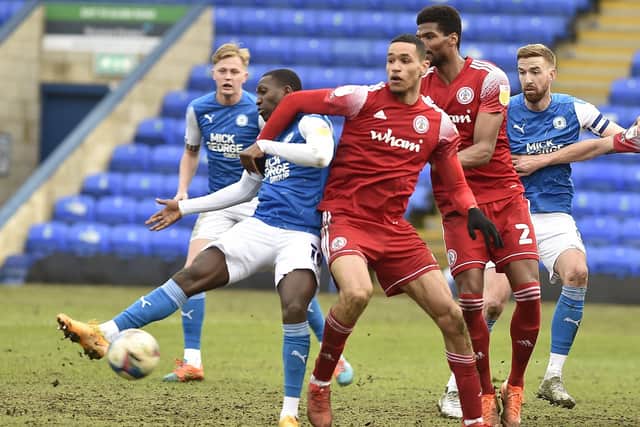 Idris Kanu scores for Posh against Accrington. Photo: David Lowndes.