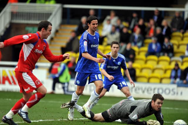 George Boyd opens the scoring in a 6-0 Posh win over Carlisle in 2011.