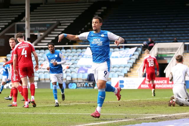 Jonson Clarke-Harris celebrates a goal for Posh against Accrington Stanley on Saturday. Photo: Joe Dent/theposh.com.