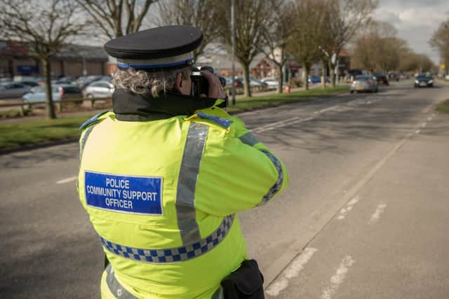 PCSO Dave Bunker checking for speeding vehicles on his patch. EMN-210330-160220001