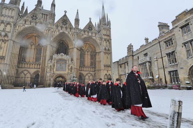 Snow at Peterborough Cathedral at Christmas