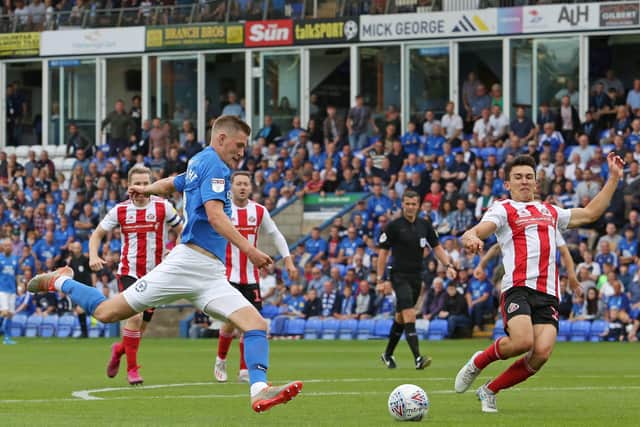 Josh Knight scores for Posh against Sunderland last season.