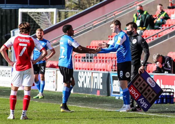 Posh midfielder Jack Taylor (right) makes a welcome return from injury after a seven-game absence. He replaced Reece Brown at Fleetwood. Photo: Joe Dent/theposh.com.