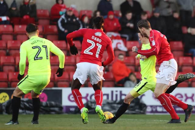 Chris Forrester scores the only goal of the game for Posh at Swindon in January, 2017.