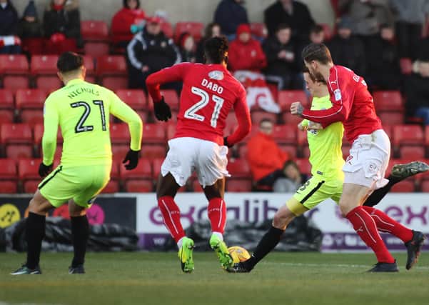 Chris Forrester scores the only goal of the game for Posh at Swindon in January, 2017.