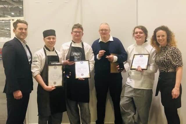 Left to right - Steve Lyons (Thomas Ridley Sales director) Joel Barton, Robert Manterfield, Trevor Braid (chef lecturer) Chester Briddon, Charlotte Butcher (Thomas Ridley Territory Manager)