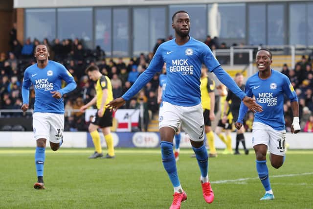 Mo Eisa celebrates his goal at Burton last weekend.