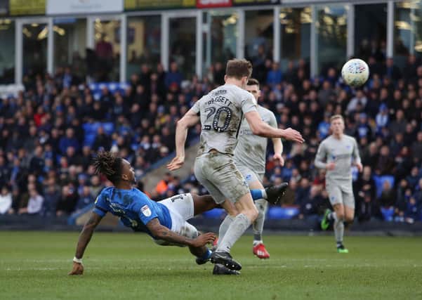 Ivan Toney of Peterborough United scores his side's second goal of the game against Portsmouth. Photo: Joe Dent/theposh.com.