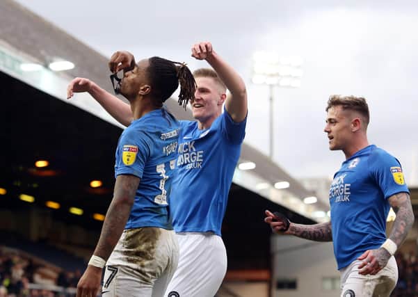 Ivan Toney of Peterborough United celebrates his goal against Portsmouth by paying tribute to Posh groundsman Will Whitney who passed away aged 21 recently. Photo: Joe Dent/theposh.com