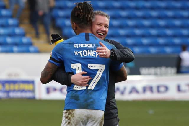 Peterborough United Manager Darren Ferguson celebrates the victory at full-time over Portsmouth with Ivan Toney. Photo: Joe Dent/theposh.com.