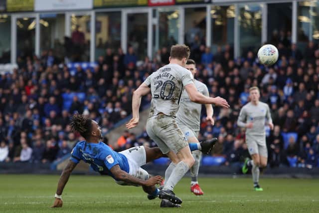Ivan Toney seals Posh home League One number 12 with the second goal in the 2-0 win over Portsmouth last Saturday. Photo: Joe Dent/theposh.com.