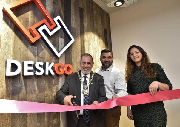 DESKGO offices opening at Hampton,  Founder George Georgiou with Mayor of Peterborough Coun. Gul Nawaz and former Apprentice candidate Khadija Kalifa. EMN-201003-072903009