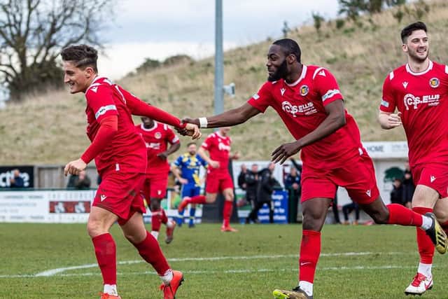 Harry Vince (left) celebrates his goal for Stamford against Spalding. Photo: Dan Allen.