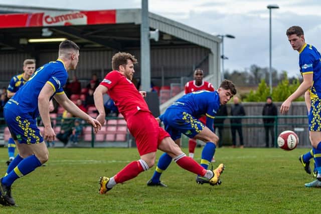 Tom Siddons equalises for Stamford against Spalding. Photo: Dan Allen.