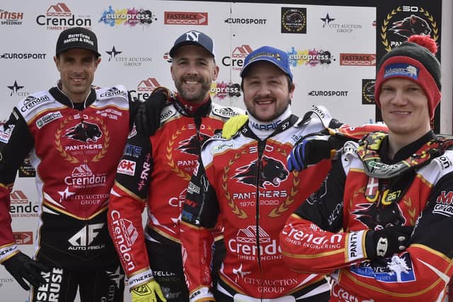 Peterborough Panthers 2020 riders, from left, Niels-Kristian Iversen, Scott Nicholls, Chris Harris and Michael Palm Toft. Photo: David Lowndes.