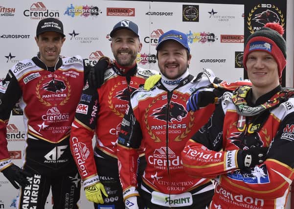 Peterborough Panthers 2020 riders, from left,  Niels-Kristian Iversen, Scott Nicholls, Chris Harris and Michael Palm Toft. Photo: David Lowndes.