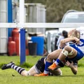 Asher Veamatahau scores for Peterborough Lions against Bedford Athletic. Photo: Mick Sutterby.