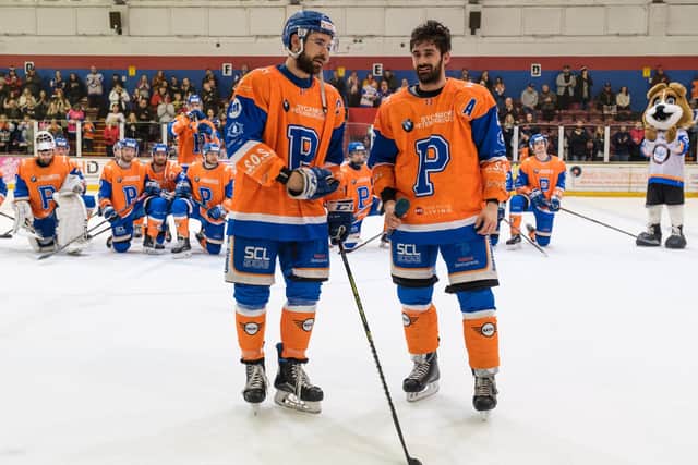 Brothers James (left) and Robert Ferrara were honoured by Phantoms  teammates and fans after an 8-3 win over Swindo. Photo: Tom Scott.