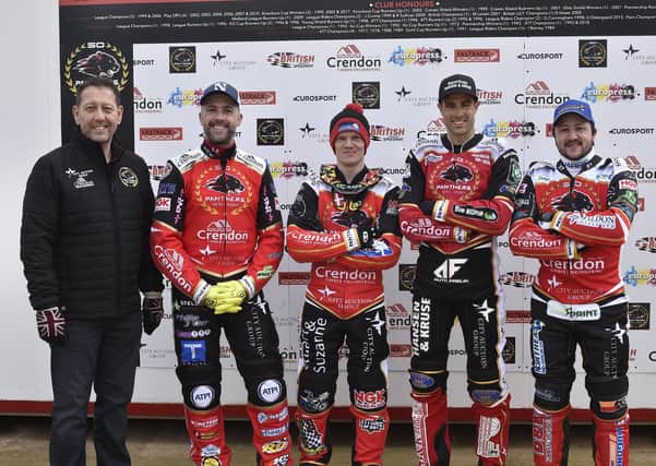 Peterborough Panthers new team manager Rob Lyon with riders, from left,  Scott Nicholls, Michael Palm Toft, Niels-Kristian Iversen and Chris Harris.