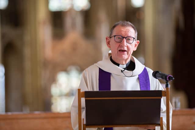 For the 1st time in its 900 year history Peterborough Cathedral conducts its Sunday service live to facebook. Pictured Dean Chris Dallison gives a sermon.
Peterborough Cathedral, Peterborough
Sunday 22 March 2020. 
Picture by Terry Harris. THA
