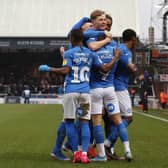 Posh players celebrate a goal at home to Rotherham in January.