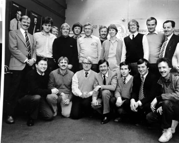Hereward Radio DJs and staff. Stewart Francis (front centre). Steve Allen (front left) from 1984