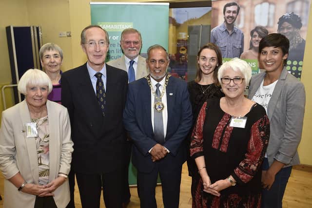 Mayor of Peterborough Coun. Gul Nawaz, Neil McKittrick High Sheriff with Samaritans director Martin Cragg, guest speaker Nijjar, Zoe Mason from Network Rail and Samaritans Rosemary, Mari and Janet EMN-191109-081816009