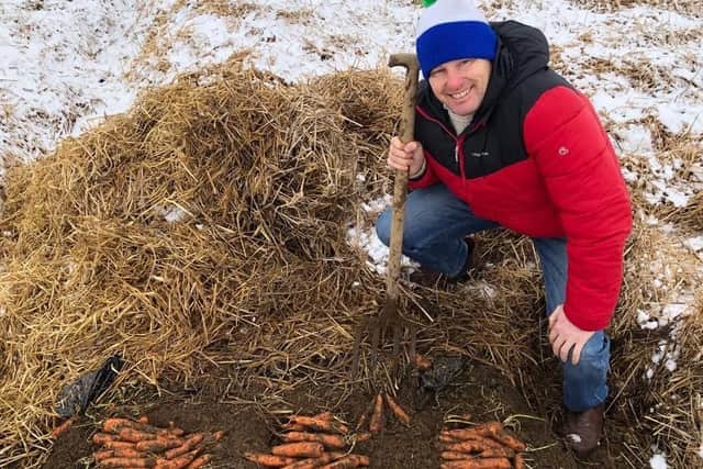 Andrew Burgess examining strawed carrots.