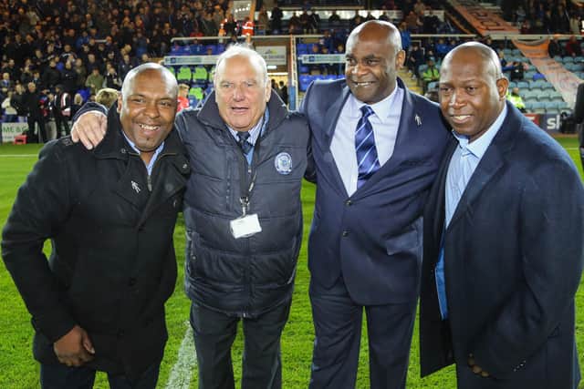 Former Peterborough United players (from left) Trevor Quow, Tommy Robson, Noel Luke and Worrell Sterling are introduced to the crowd on the pitch before a game in 2018.