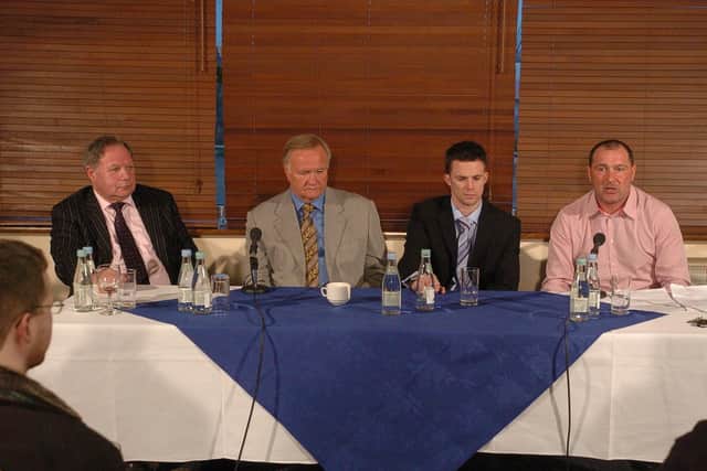 Ron Atkinson (second left) and Steve Bleasdale (far right) at a Posh fans' forum.
