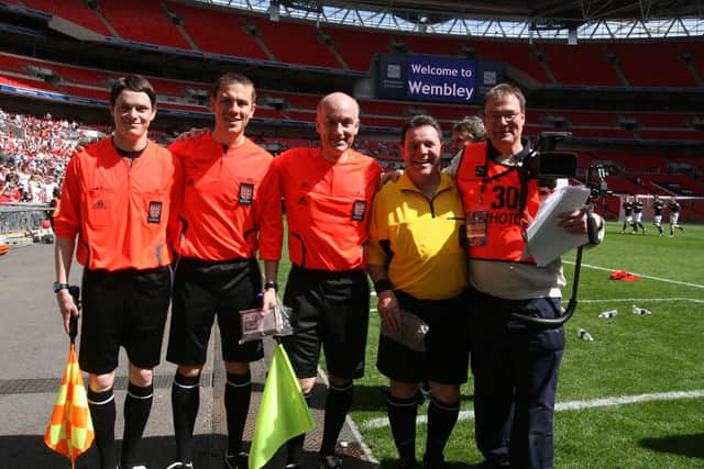 Robert Windle with the match officials at Wembley Stadium. Photo: RWT Photography.