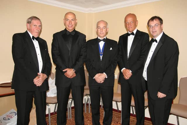 Robert Windle with big-name referees, from left, Jack Taylor, Howard Webb, David Elleray and Pierluigi Collina. Photo: RWT Photography.