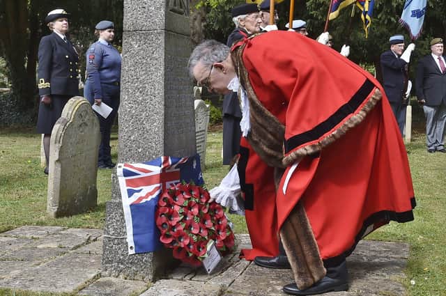 Royal British Legion Peterborough Branch ANZAC Day remembrance service at Broadway Cemetery at the grave of The Lonely ANZAC Sgt Thomas Hunter. Mayor of Peterborough Coun. Chris Ash laying a wreath EMN-190426-085723009