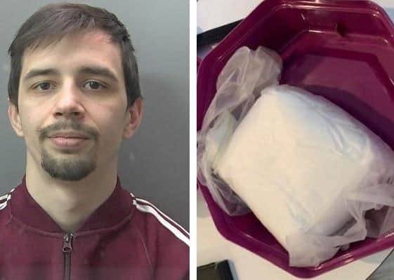 Zeeshan Ellam (left) and drugs found in a tub of Quality Street