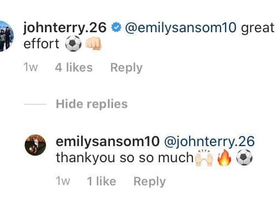 John Terry has previously praised Emily's skills