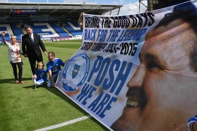 A banner in honour of Chris Turner at his memorial match between Posh and Cambridge in August, 2015.