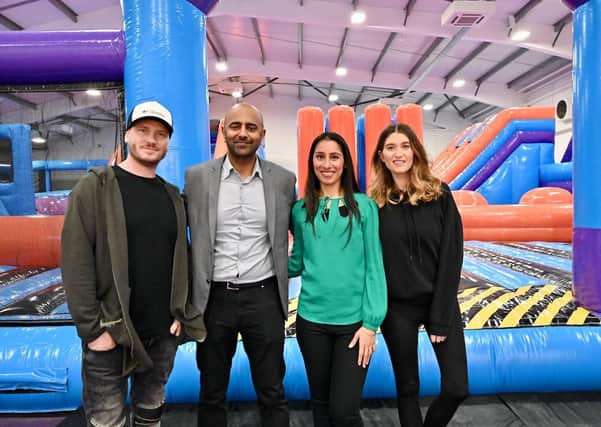 Bikram and Preeti Sohal with Matthew Wolfenden and Charley Webb at the VIP opening of Inflata Nation at the PE1 Retail Park