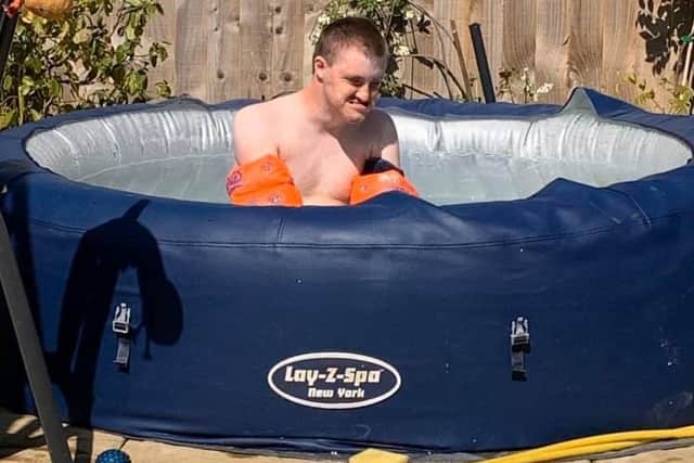Harry in his Lay-Z-Spa hot tub